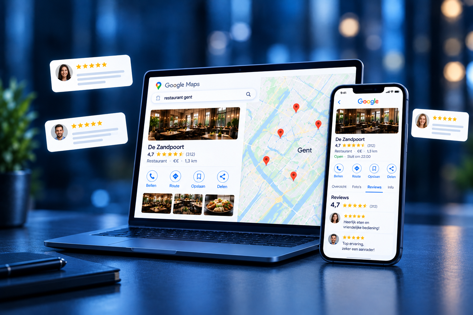 Laptop en smartphone met een geoptimaliseerd Google Bedrijfsprofiel met reviews en kaart